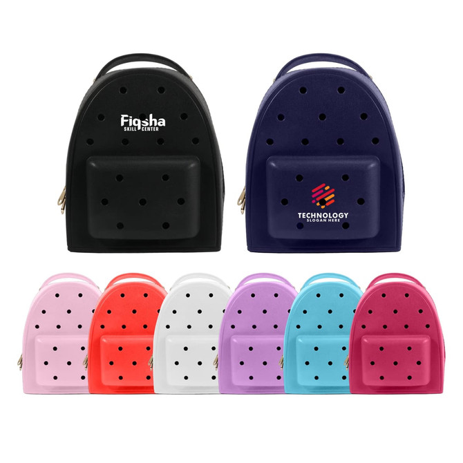 A collection of EVA Holes Backpacks in black, navy, pink, white, and purple, featuring a logo on each.