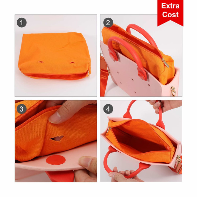 An orange tote bag with pink handles and interior compartments, featuring holes for ventilation. It has a logo.