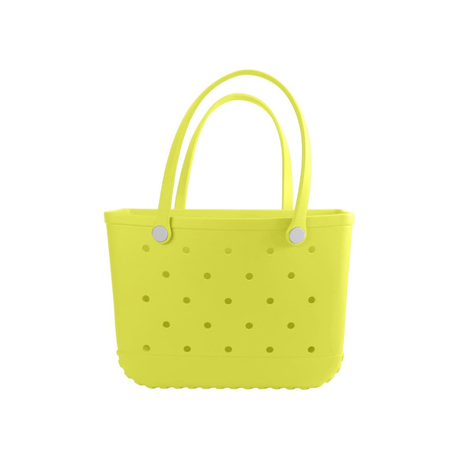 A yellow EVA beach bag with perforated design and two sturdy handles, featuring a simple logo.