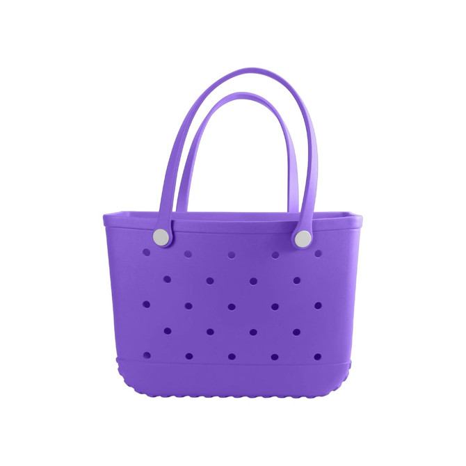 A purple EVA beach bag with perforated sides and two handles. The design includes rounded edges.