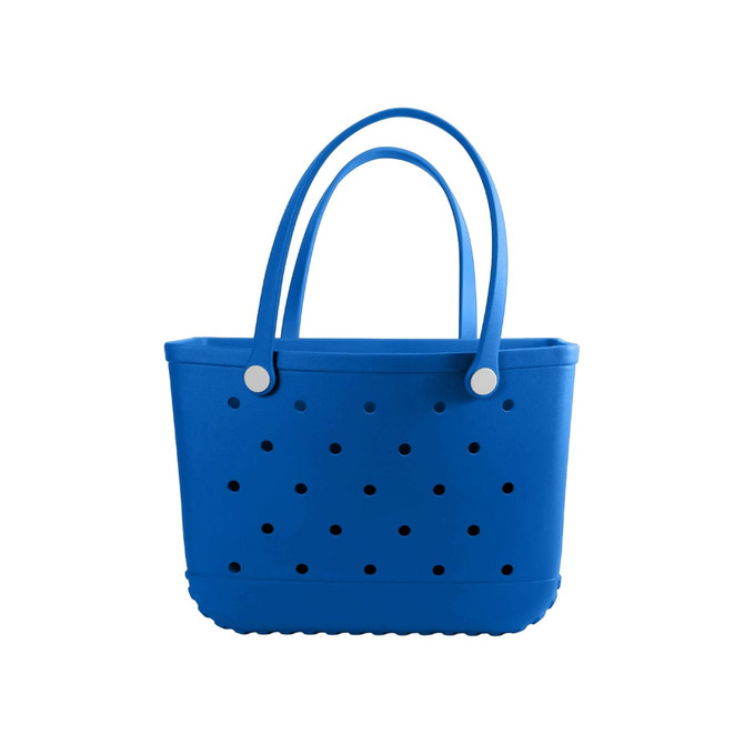 A blue EVA beach bag with perforated holes and two sturdy handles. It features a simple, stylish design.