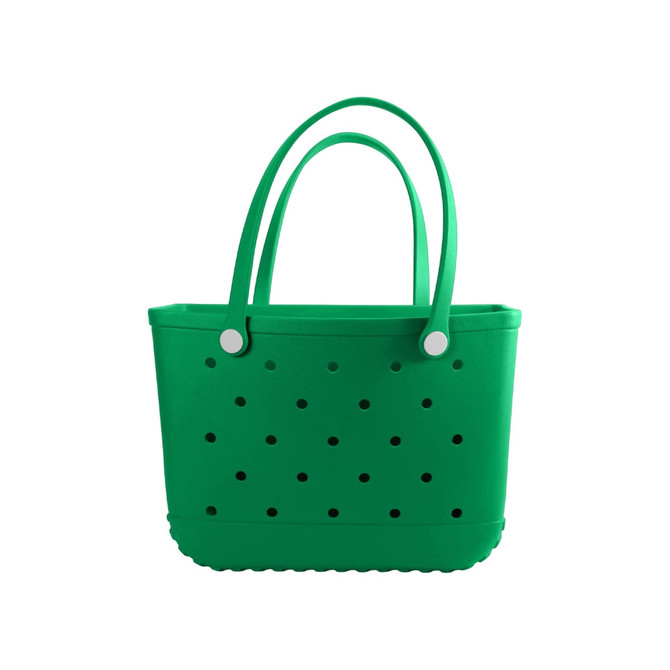 A green EVA beach bag with perforated design and two sturdy handles. It features a simple, modern shape.