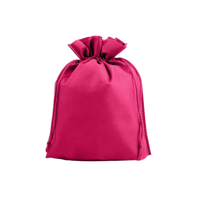A fuchsia non-woven drawstring bag with a gathered top and textured surface. It features a logo.