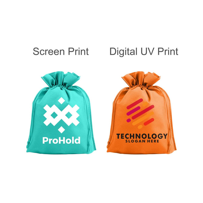 Two non-woven drawstring bags: one in teal with a logo and one in orange with a different logo.