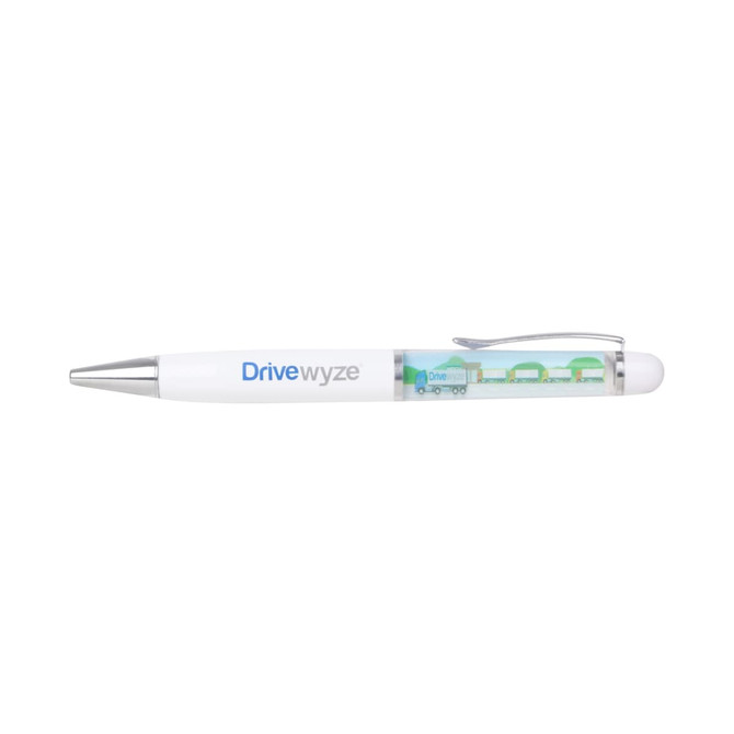 A plastic pen in white featuring a transparent section with colourful floating elements. The pen also has a logo.