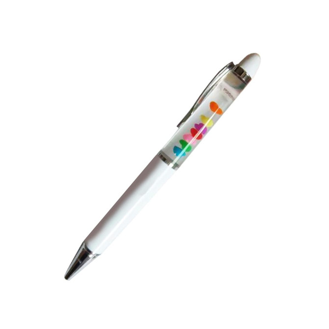 A white plastic pen with a transparent barrel featuring colourful floating objects and a silver clip.
