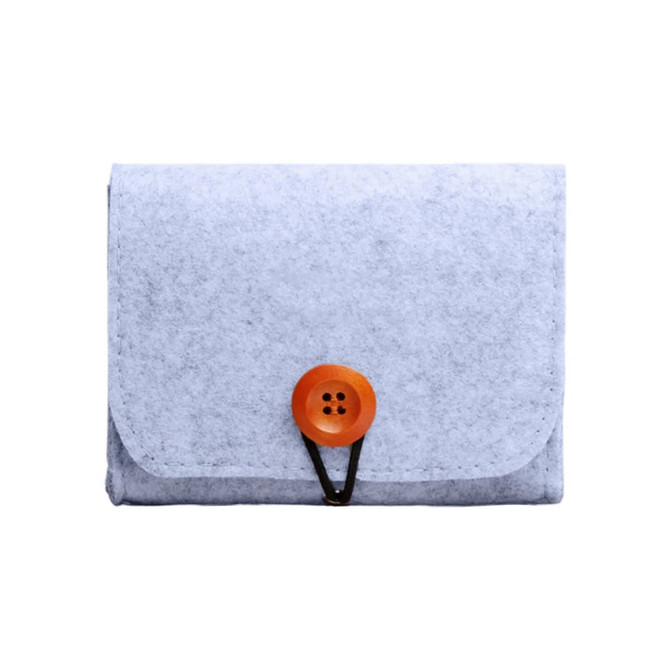 A grey felt essential oil bag with an orange button closure. It features a simple, compact design.