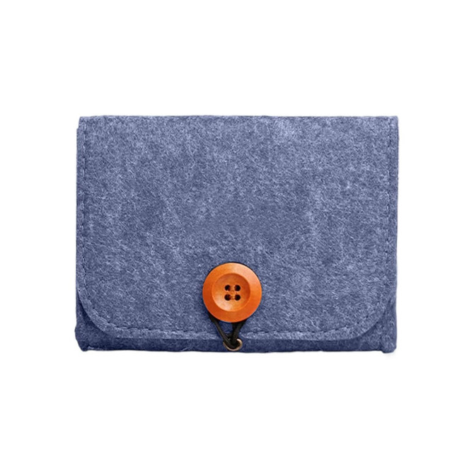 A blue felt essential oil bag with a wooden button closure. It features a simple, fold-over design.
