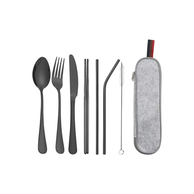 A stainless steel flatware set in black, featuring a spoon, fork, knife, chopsticks, straw, cleaner, and carrying case.