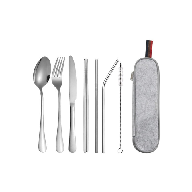 A stainless steel flatware set featuring a spoon, fork, knife, two metal straws, a bent straw, a cleaning brush, and a grey case.