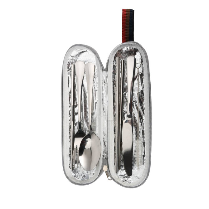 A stainless steel flatware set featuring seven pieces, neatly arranged inside a silver carrying case.