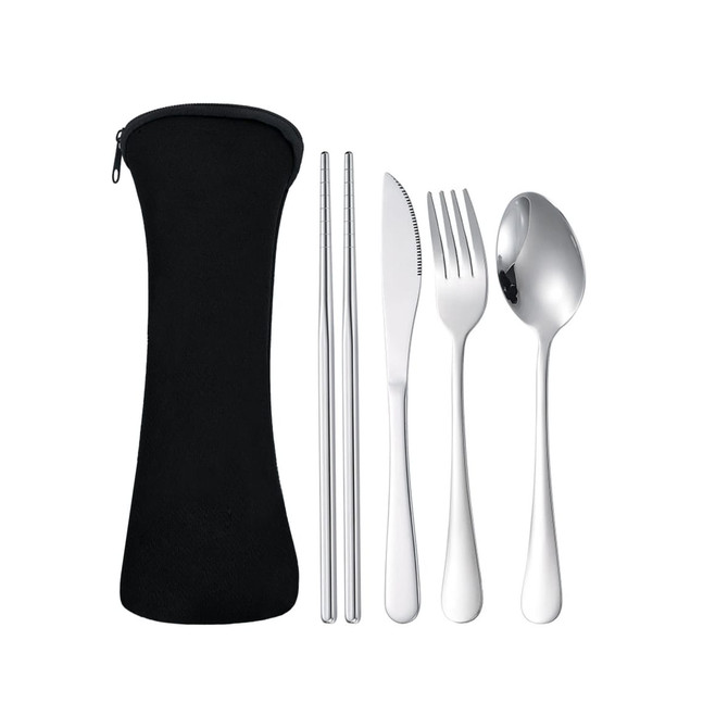 A black pouch containing silver cutlery: a fork, knife, spoon, and chopsticks.
