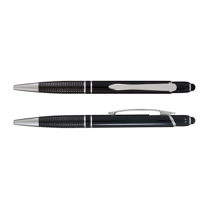 A black aluminium pen with chrome accents, featuring a textured grip and a clip. It includes a branding logo.