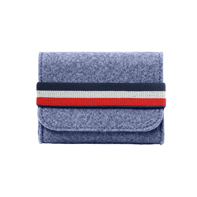 A grey felt organiser with a striped elastic band in navy, white, and red, featuring a logo on the front.