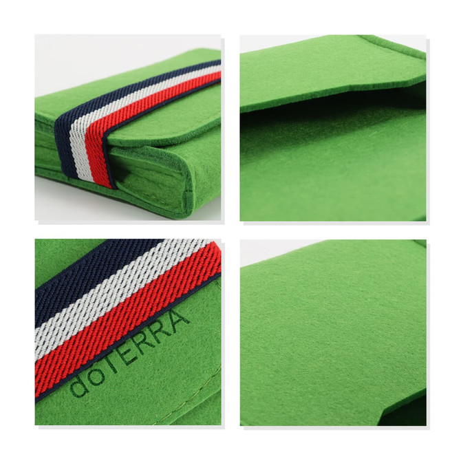 A green felt travel organiser with a striped band and a logo. Compact and designed for essential oils storage.