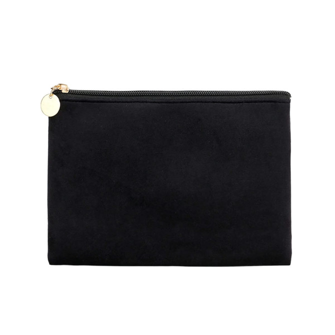 A black durable flat makeup bag with a zip closure and a gold accent. Features a smooth, soft texture.