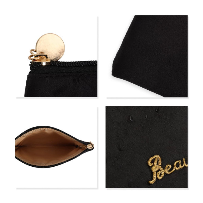 A black, durable flat makeup bag featuring a gold zipper and an embroidered 'Beautiful' detail.