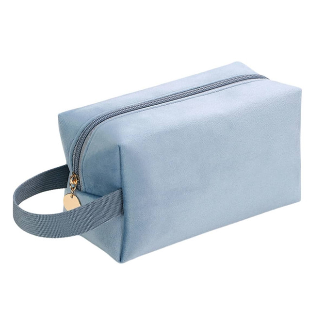 A light blue flannel cosmetic bag with a zip closure and a fabric handle. It has a simple, rectangular design.