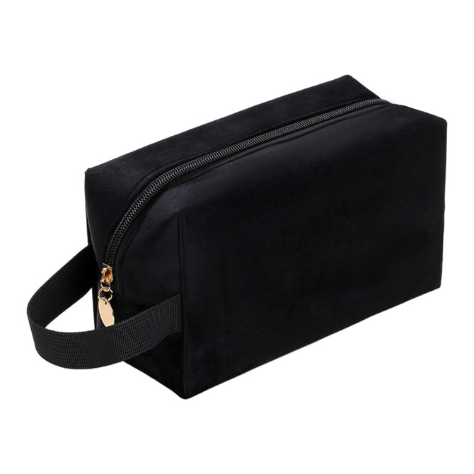 A black flannel cosmetic bag with a zip closure and a handle on one side. It features a simple design with no visible branding.