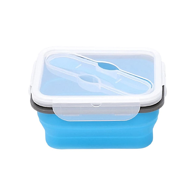 A reusable silicone food storage container in blue, featuring a clear lid and a secure closure mechanism.