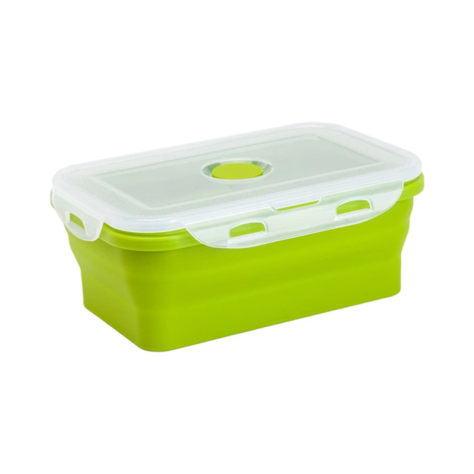 A collapsible silicone food storage container in bright green with a transparent lid featuring a circular vent.