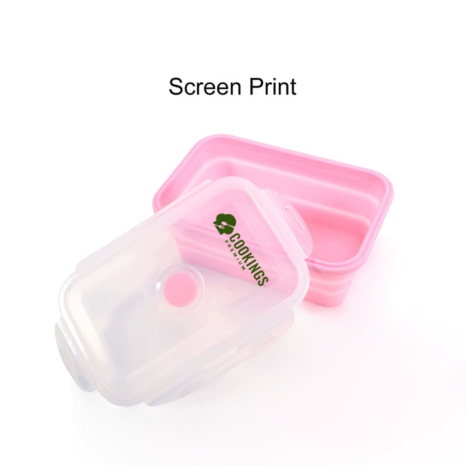 A pink collapsible silicone food storage container with a transparent lid, featuring a logo.