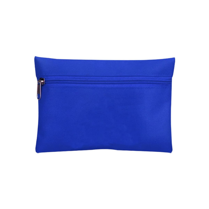 A blue pouch with a zip closure, designed for storing a travel empty first aid kit. Features a logo.