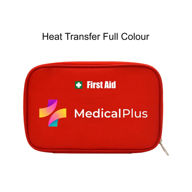 A red first aid kit bag with a zip closure, featuring a logo and medical cross.