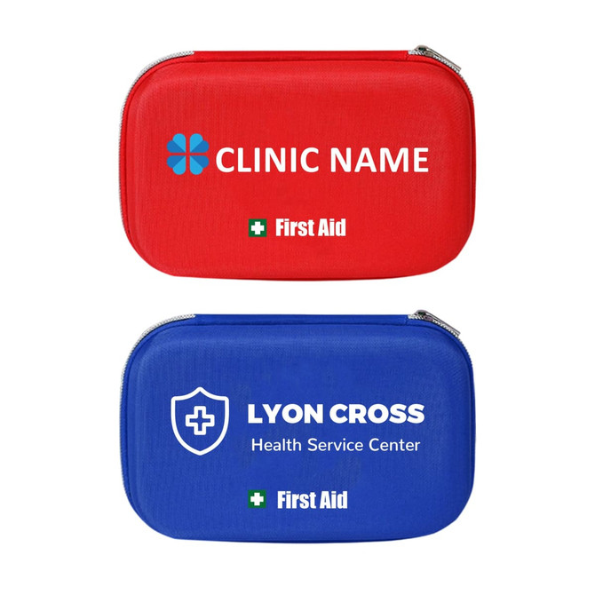 A red and a blue hard shell first aid kit case, each with a logo and white first aid text.