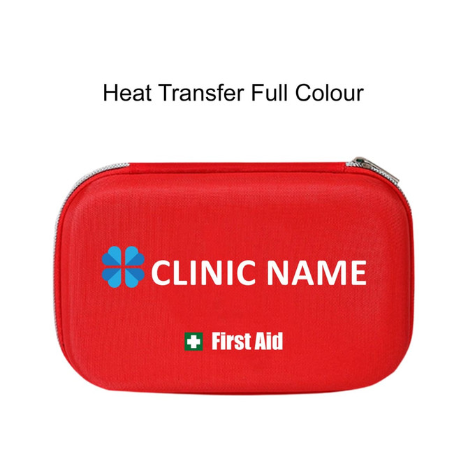 A red hard shell first aid kit case with a logo and text, featuring a zip closure.