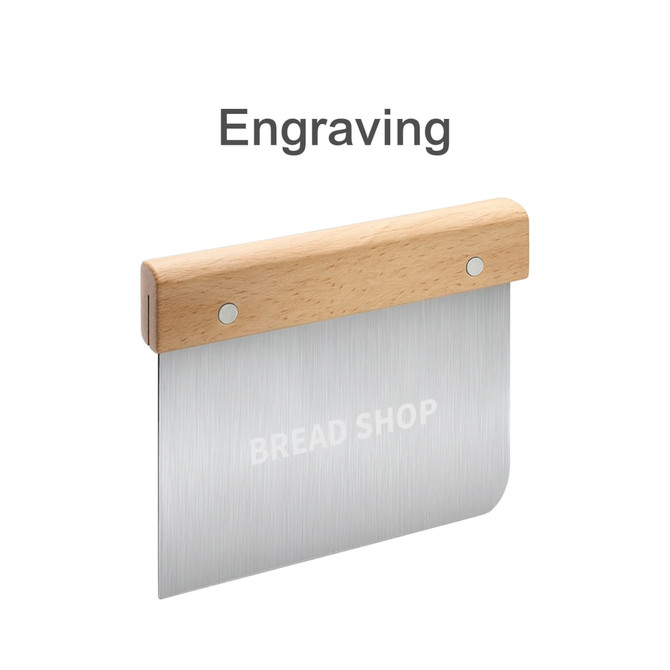 A stainless steel flour cutter with a beechwood handle, featuring a logo on the blade.