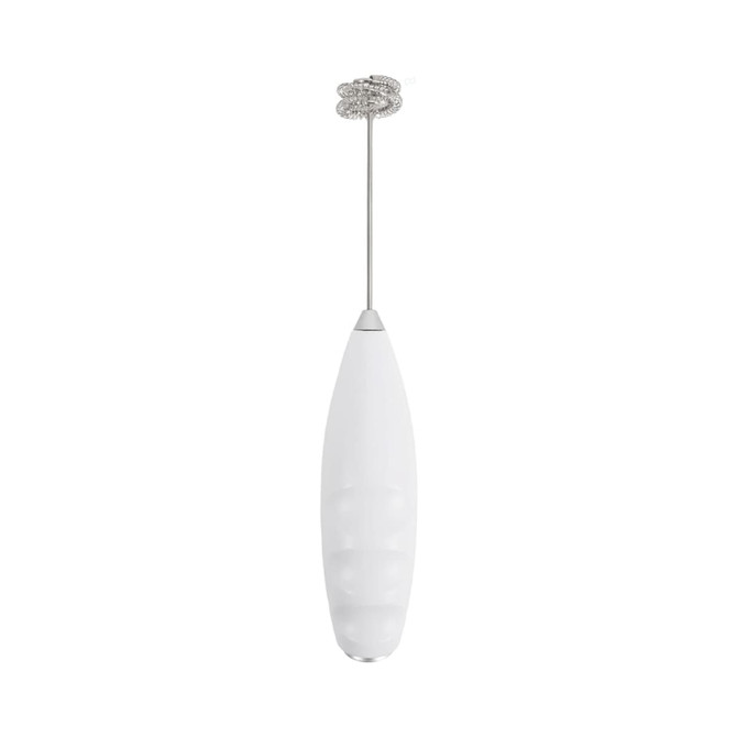 A milk frother in white with a stainless steel whisk and a decorative handle. It has a sleek, modern design.