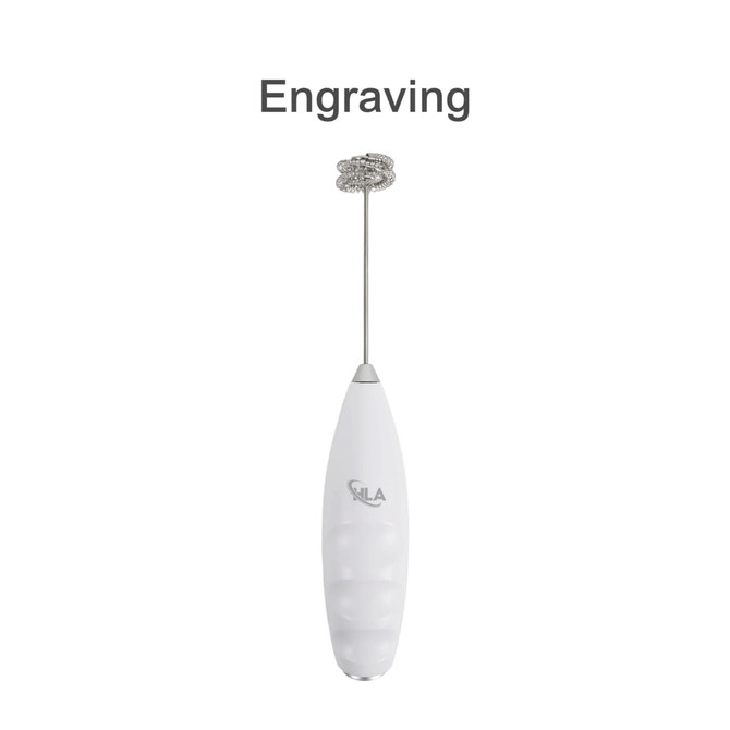 A white milk frother with a silver whisk attachment, featuring a logo on its body.