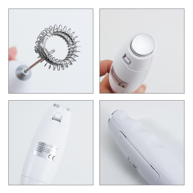 A milk frother in white with a metallic whisk head, featuring various views of its design and functionality.