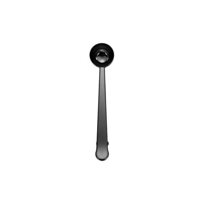A black coffee measuring spoon with a clip, featuring a long handle and scoop at the end.