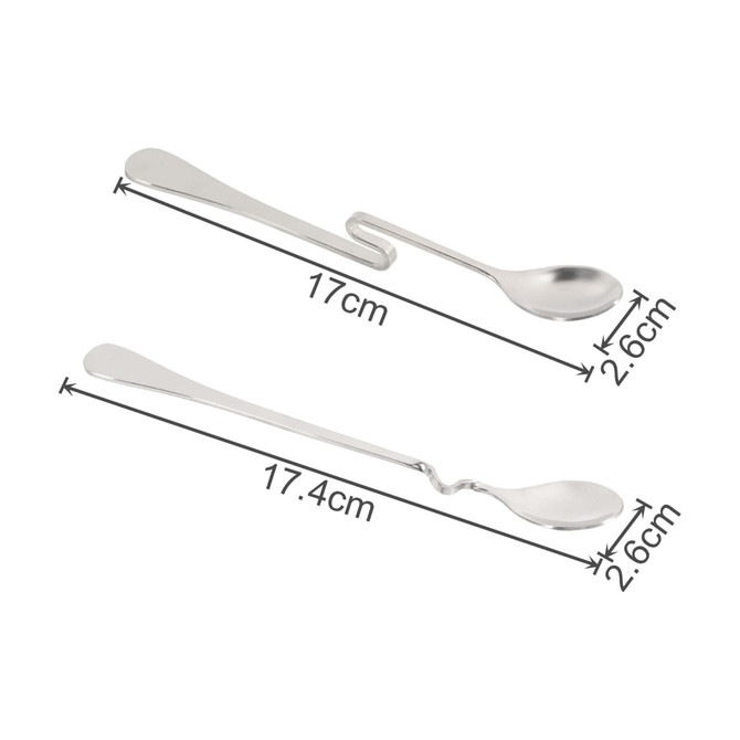 Two stainless steel spoons in silver, one with a hook and the other with a curved design, both measuring around 17 cm.
