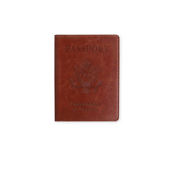 A brown RFID PU leather passport holder with embossed details and a logo.