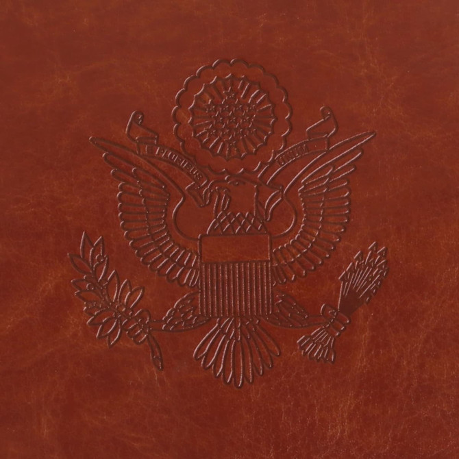 A brown PU leather passport holder featuring an embossed emblem design. The texture appears smooth and luxurious.