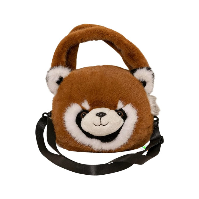 A brown plush handbag designed as a cute animal with a black and white face, featuring a shoulder strap.
