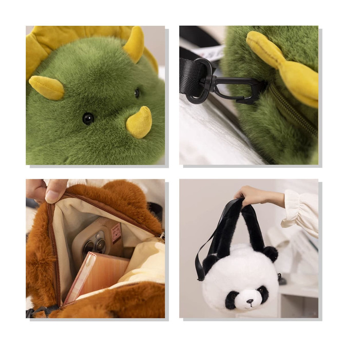 A green plush handbag with yellow accents and a panda plush handbag with black ears, both with interior compartments.