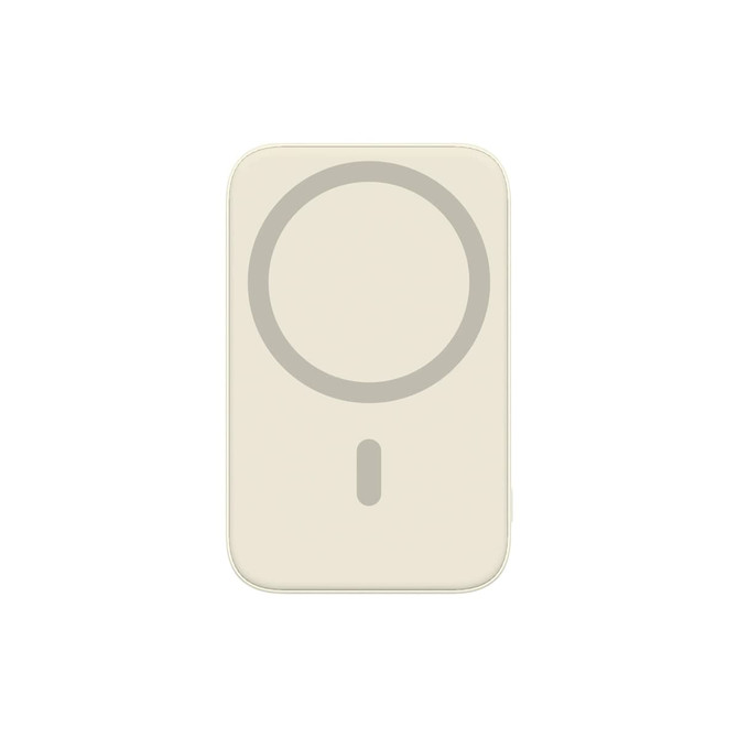 A cream-coloured 5000mAh magnetic wireless power bank with a light grey circular design and a branding logo.