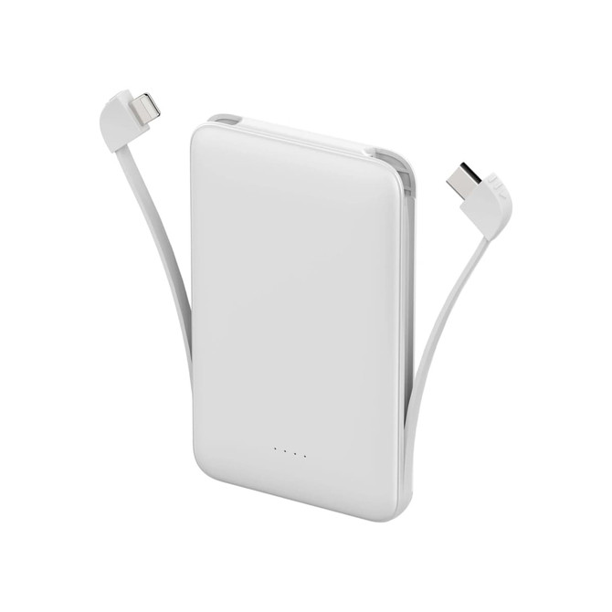A slim white power bank with an integrated charging cable, featuring multiple USB connectors.
