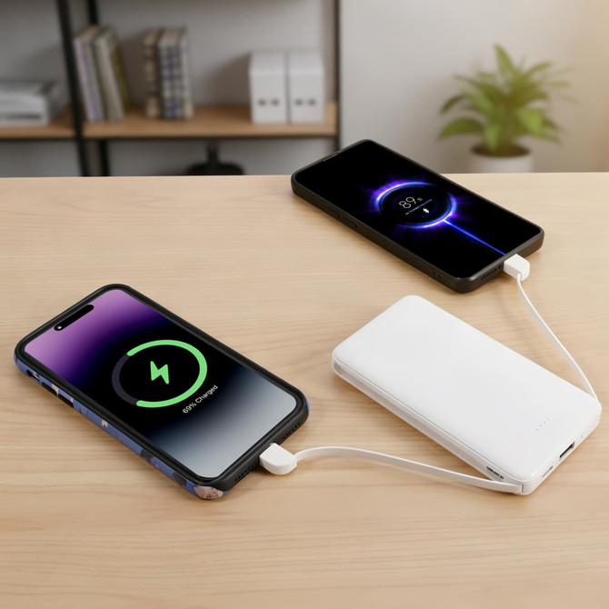 A white 10000mAh slim power bank connected to two smartphones on a wooden desk, with a plant in the background.
