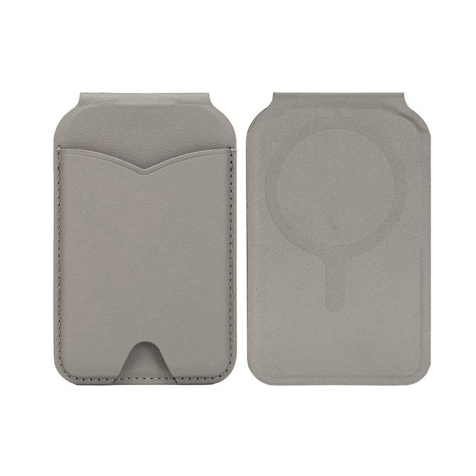 A grey PU magnetic card holder featuring a mirror and a slim design with rounded edges.