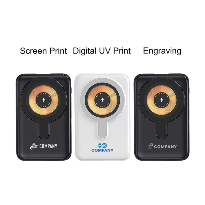 A set of three power banks in black, white, and a metallic finish, each with a circular charging indicator.