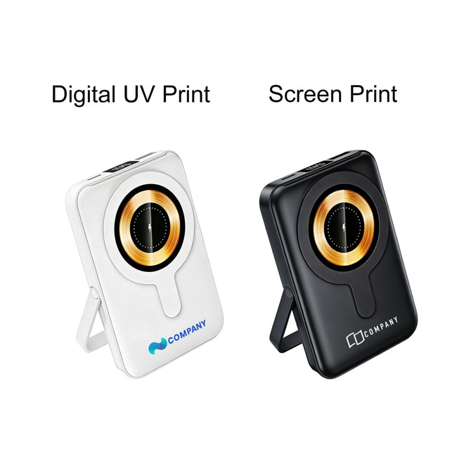 A 10000mAh magnetic wireless power bank available in white and black, featuring a phone stand and a logo.