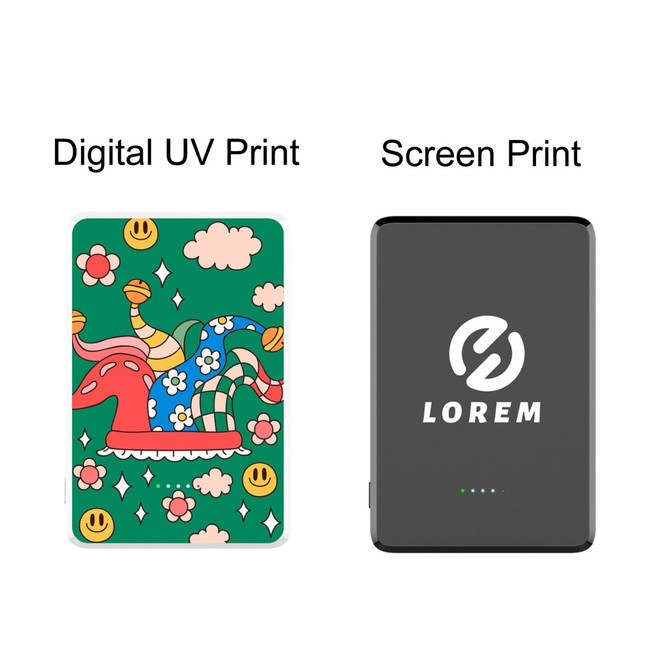 A colourful power bank featuring a playful design on one side and a sleek black finish with a logo on the other.