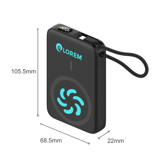 A black magnetic wireless power bank with a blue logo, measuring 105.5mm x 68.5mm x 22mm, includes a strap.