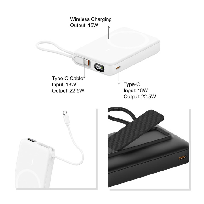 A white 10000mAh magnetic wireless power bank with a built-in charging cable, featuring multiple Type-C ports and a textured surface.