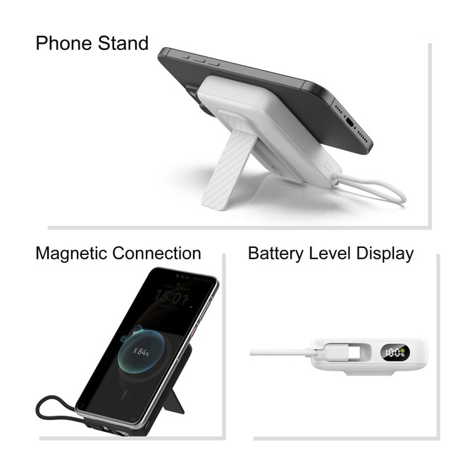 A white magnetic wireless power bank with a charging cable, phone stand, and battery level display.